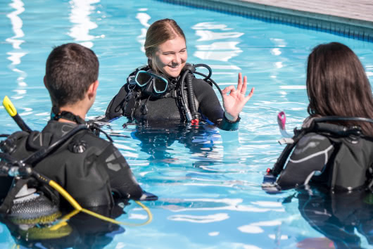 Scuba instructor smiling and giving the OK hand signal to students during a pool training session