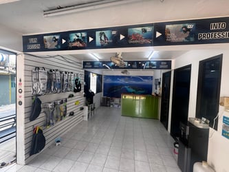 Interior of Island Divers dive shop on Phi Phi Island, showcasing scuba gear and course progression banners