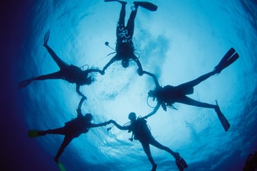 Silhouettes of five scuba divers holding hands in a circle viewed from below