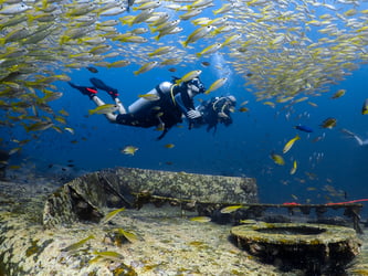 Scuba divers exploring the Kled Kaew Wreck surrounded by a large school of yellow fish